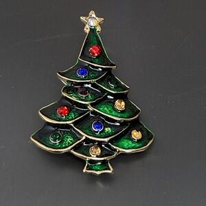 NWOT Festive Christmas Tree Enamel Crystal Brooch
